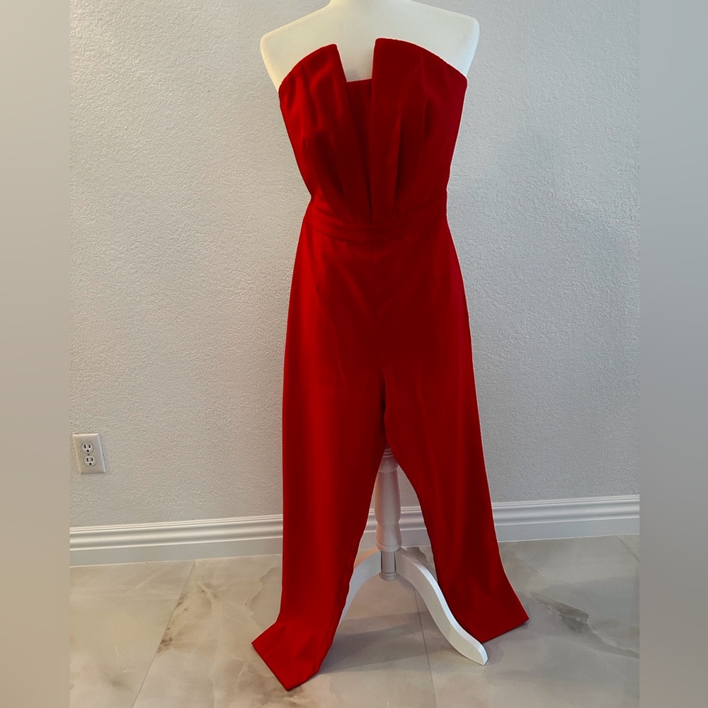 Adelyn Rae Strapless Red Jumpsuit with Wide Legs
